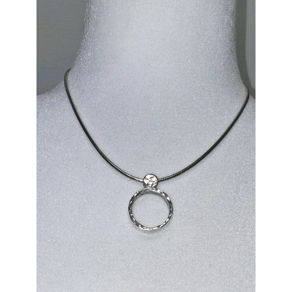 925 Sterling Silver Hammered Circle Pendant Necklace Italian Snake 16